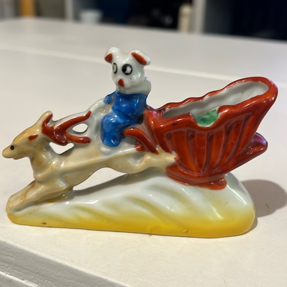 Vintage occupied Japan, reindeer, sled, and dog ashtray figuring